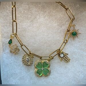 Lucky Charm Necklace Green accents,  5 Charms, gold‎ tone hardware, feels solid